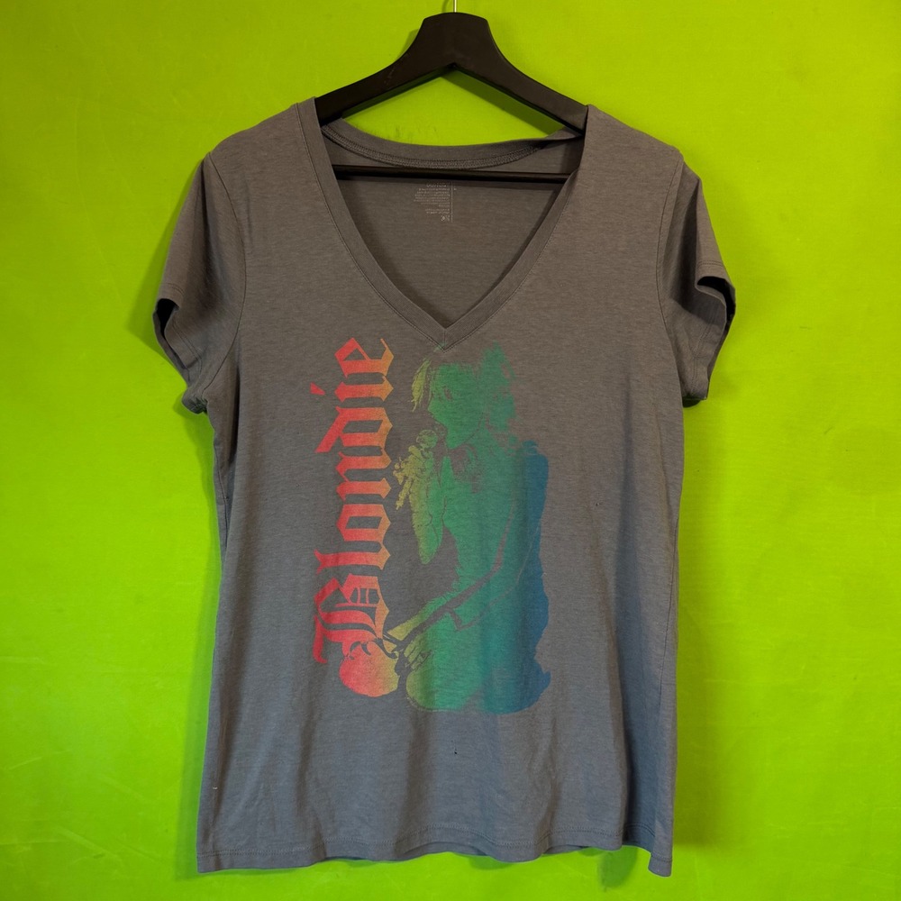 Old Navy Blondie Graphic T-Shirt Grey V-Neck Debbie Harry Rainbow Band Tee Large